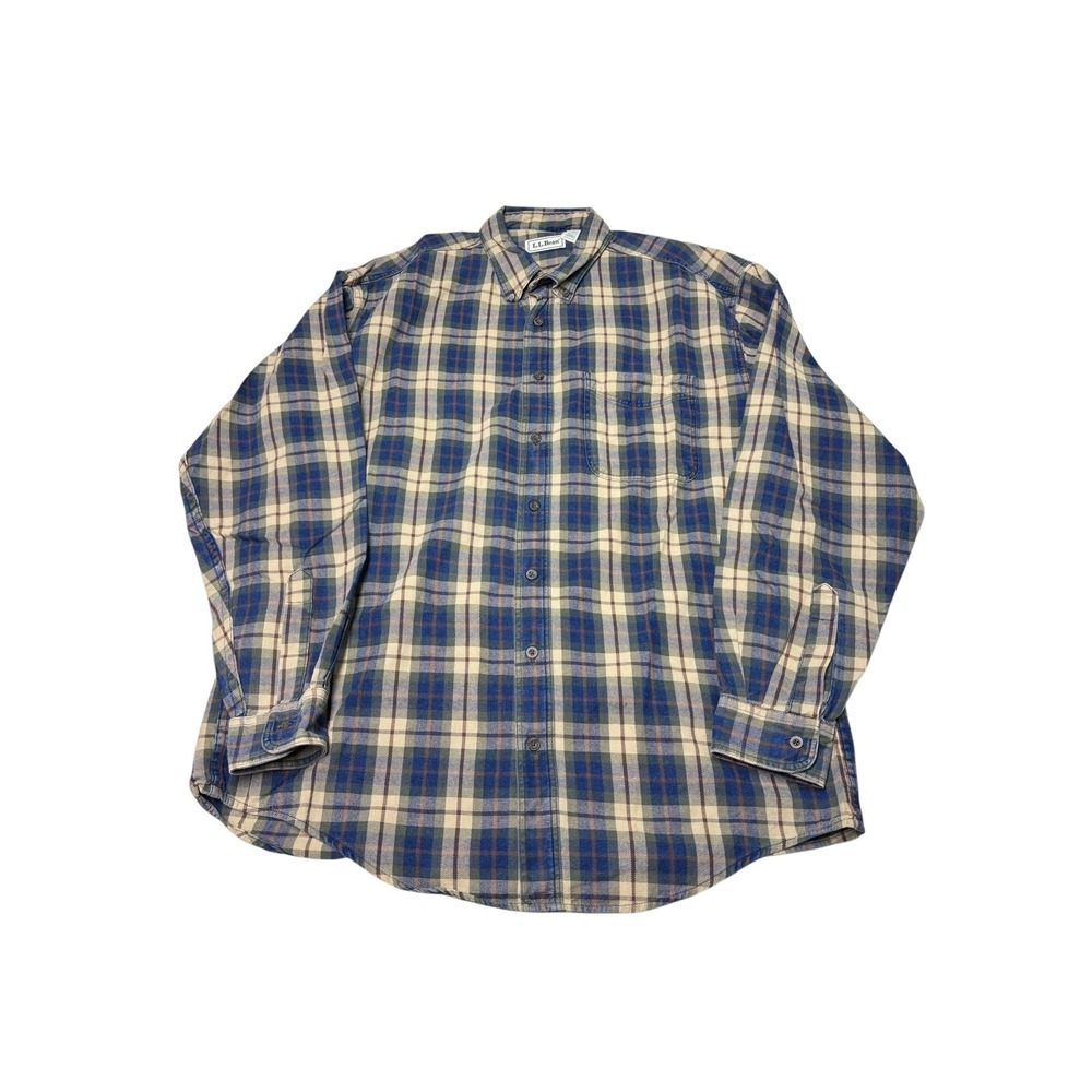 Vintage LL Bean Mens Flannel Shirt Large Tall Blue Tan Plaid Button Down Cotton